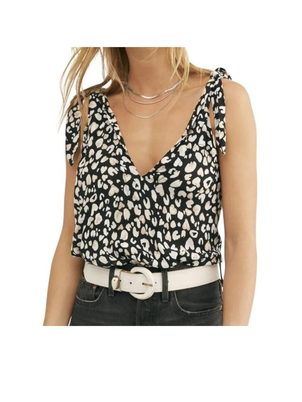 Free People Leopard-Spot Tie-Shoulder V-Neck Bodysuit - Black/Cream